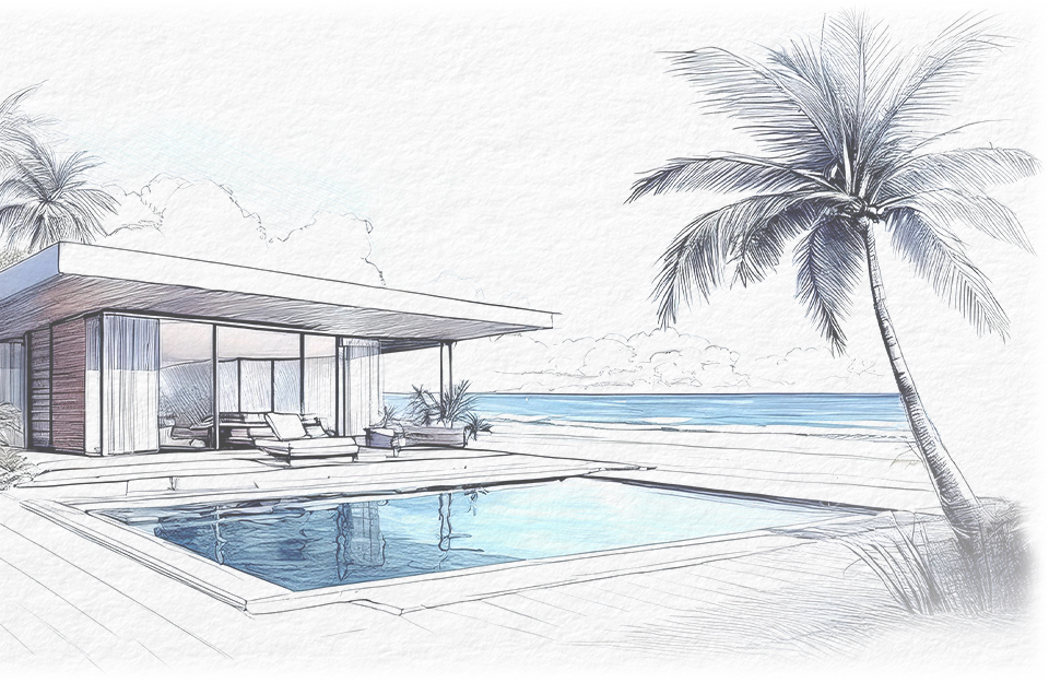 sketch of a pool, home, and palm tree